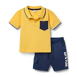 Babyhug Single Jersey Knit Half Sleeves Polo T-Shirt & Shorts Set with Text Print - Yellow & Blue