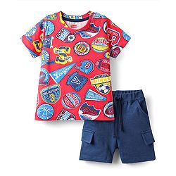 Babyhug Single Jersey Knit Half Sleeves T-Shirt & Shorts Set with Sports Theme Print - Red & Blue