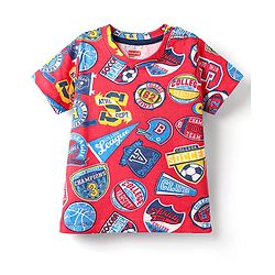 Babyhug Single Jersey Knit Half Sleeves T-Shirt & Shorts Set with Sports Theme Print - Red & Blue