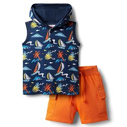 Babyhug Single Jersey Knit Sleeveless Hooded T-Shirt & Shorts Set With Boat Print - Navy Blue & Orange