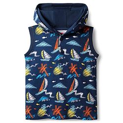Babyhug Single Jersey Knit Sleeveless Hooded T-Shirt & Shorts Set With Boat Print - Navy Blue & Orange