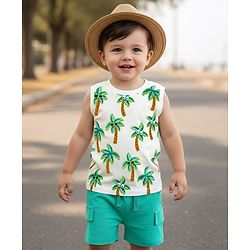 Babyhug Single Jersey Knit Sleeveless Tank T-Shirt & Shorts With Tropical Print - Aqua Blue & White