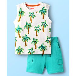 Babyhug Single Jersey Knit Sleeveless Tank T-Shirt & Shorts With Tropical Print - Aqua Blue & White