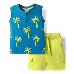 Babyhug Single Jersey Knit Sleeveless Tank T-Shirt & Shorts Set with Coconut Tree Print - Blue & Limegreen