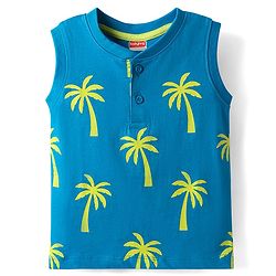 Babyhug Single Jersey Knit Sleeveless Tank T-Shirt & Shorts Set with Coconut Tree Print - Blue & Limegreen