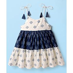 Babyhug Cotton Woven Sleeveless Ethnic Dress With Cambric Print - White & Blue