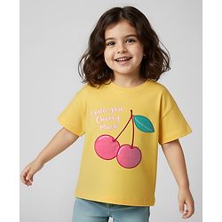 Babyhug Cotton Knit Half Sleeves T-Shirt with Cherry Print - Yellow