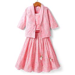 Babyhug Woven Embroidered Lehenga Choli Set With Full Sleeves Jacket - Pink