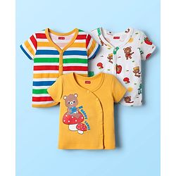 Babyhug 100% Cotton Knit Half Sleeves Front Open jhablas with Bear Print & Stripes Pack of 3 - Yellow & White