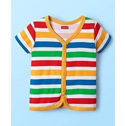 Babyhug 100% Cotton Knit Half Sleeves Front Open jhablas with Bear Print & Stripes Pack of 3 - Yellow & White