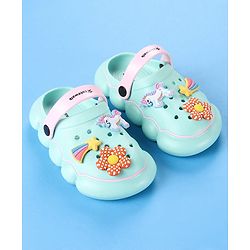 Cute Walk by Babyhug Backstrap Closure Clogs With Unicorn & Floral Applique - Light Blue.