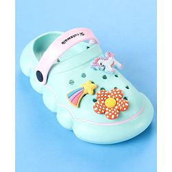 Cute Walk by Babyhug Backstrap Closure Clogs With Unicorn & Floral Applique - Light Blue.