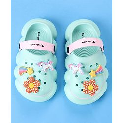Cute Walk by Babyhug Backstrap Closure Clogs With Unicorn & Floral Applique - Light Blue.