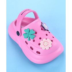 Cute Walk by Babyhug Back Strap Closure Solid Coloured Clogs With Floral Applique - Dark Pink