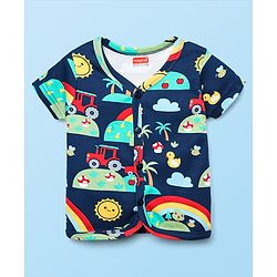 Babyhug 100% Cotton Interlock Knit Front Open Half Sleeves Vests With Stripes & Tropical Theme Print Pack Of 3 - White Red & Navy Blue