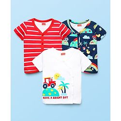 Babyhug 100% Cotton Interlock Knit Front Open Half Sleeves Vests With Stripes & Tropical Theme Print Pack Of 3 - White Red & Navy Blue
