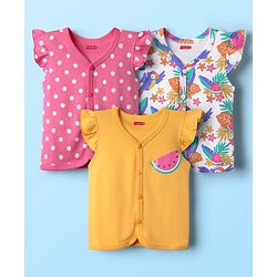 Babyhug 100% Cotton Knit Frill Sleeves Front Open jhablas with Tropical Theme & Polka Dots Print Pack of 3 - Pink Yellow & White