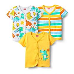Babyhug 100% Cotton Knit Half Sleeves Striped & Animal Printed Front Open jhablas Pack of 3 - Yellow & White