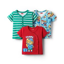 Babyhug 100% Cotton Front Open Half Sleeves Striped & Animal Printed Jhablas Pack Of 3 - Red Green & Light Blue