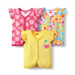 Babyhug 100% Cotton Front Open Frill Sleeves Floral & Hearts Printed jhabla Pack Of 3 - Dark Pink Yellow & Light Blue