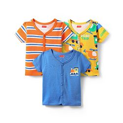 Babyhug 100% Cotton Front Open Half Sleeves jhabla With Vehicles Print & Stripes Pack Of 3 - Blue Orange & Yellow