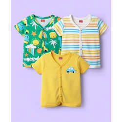 Babyhug 100% Cotton Front Open Half Sleeves Striped & Nature Printed Jhablas Pack Of 3 - Yellow Green & Light Blue