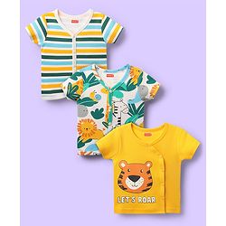 Babyhug 100% Cotton Antibacterial Half Sleeves Front Open jhabla With Stripes & Animal Print Pack Of 3 - Yellow & White