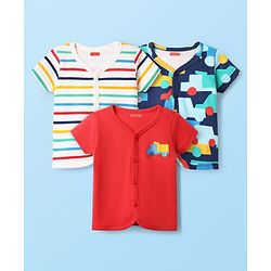 Babyhug 100% Cotton Front Open Half Sleeves jhabla With Vehicles Print & Stripes Pack Of 3 - Red Navy Blue & White