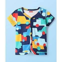 Babyhug 100% Cotton Front Open Half Sleeves jhabla With Vehicles Print & Stripes Pack Of 3 - Red Navy Blue & White
