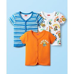 Babyhug 100% Cotton Interlock Knit Front Open Half Sleeves jhablas With Stripes & Animal Print Pack Of 3 - Blue Orange & White