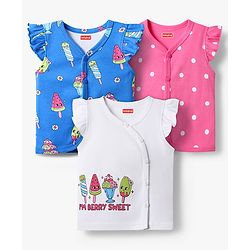 Babyhug 100% Cotton Interlock Knit Front Open Vests With Polka Dot & Ice Cream Print Pack Of 3 - White Blue & Pink