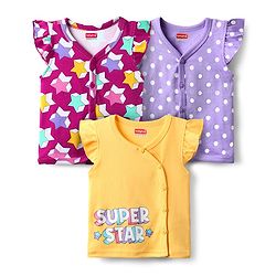Babyhug 100% Cotton Knit Frill Sleeves Front Open Jhabalas with Polka Dot Star Print Pack of 3 - Purple & Yellow