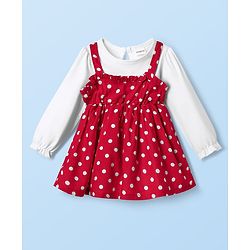 Babyhug Cotton Woven Full Sleeves Frock With Polka Dot Print - Red & White