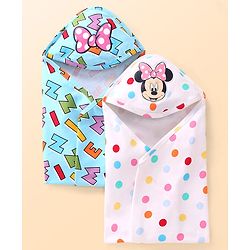 Babyhug Disney 100% Cotton Hooded Towels With Minnie Mouse & Family Graphics   L 79 x B 80 cm Pack Of 2 -Turquoise & White