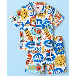 Babyhug Single Jersey Knit Half Sleeves Shirts and Shorts Co-Ord Set with Animal & Text Print - White & Blue