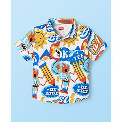 Babyhug Single Jersey Knit Half Sleeves Shirts and Shorts Co-Ord Set with Animal & Text Print - White & Blue