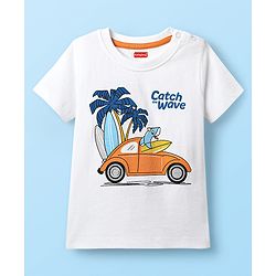 Babyhug Single Jersey Knit Half Sleeves T-Shirt & Shorts Set with Vehicle Print - White & Orange