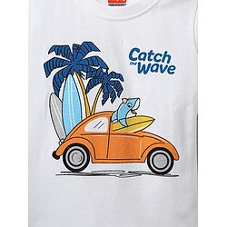Babyhug Single Jersey Knit Half Sleeves T-Shirt & Shorts Set with Vehicle Print - White & Orange