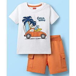 Babyhug Single Jersey Knit Half Sleeves T-Shirt & Shorts Set with Vehicle Print - White & Orange