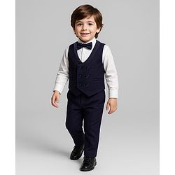 Babyhug Knit Full Sleeves Solid Color 3 Piece Party Suit with Bow - Navy Blue & White