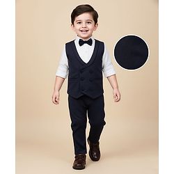 Babyhug Knit Full Sleeves 3 Piece Soild Color Party Suit - Navy Blue & White