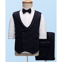 Babyhug Knit Full Sleeves 3 Piece Soild Color Party Suit - Navy Blue & White