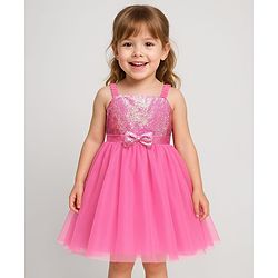 Babyhug Woven Sleeveless Mesh Party Dress With Sequinned Yoke & Bow Applique - Pink