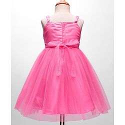 Babyhug Woven Sleeveless Mesh Party Dress With Sequinned Yoke & Bow Applique - Pink