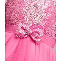 Babyhug Woven Sleeveless Mesh Party Dress With Sequinned Yoke & Bow Applique - Pink