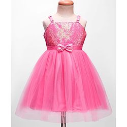 Babyhug Woven Sleeveless Mesh Party Dress With Sequinned Yoke & Bow Applique - Pink