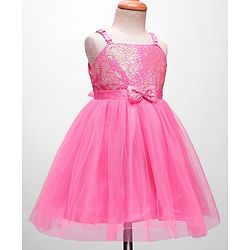 Babyhug Woven Sleeveless Mesh Party Dress With Sequinned Yoke & Bow Applique - Pink