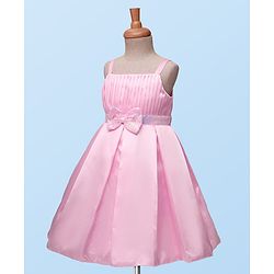 Babyhug Woven Sleeveless Pleated Party Dress With Bow Applique - Pink
