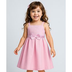 Babyhug Woven Sleeveless Pleated Party Dress With Bow Applique - Pink