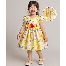 Babyhug Woven Half Sleeves Party Dress With Floral Print & Applique - White